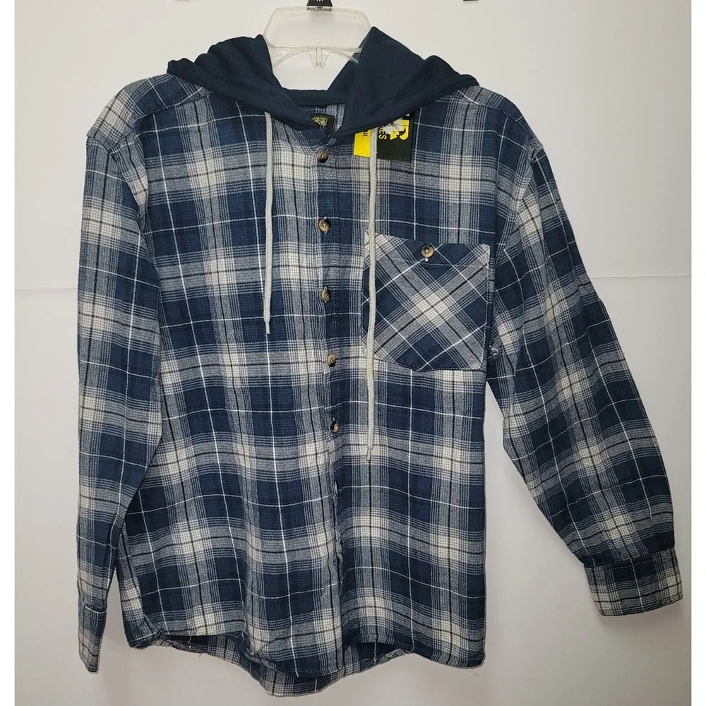 AZUR Hommes Plaid Flannel Hooded Shirt Blue White LongSleeve M Work Grunge Retro